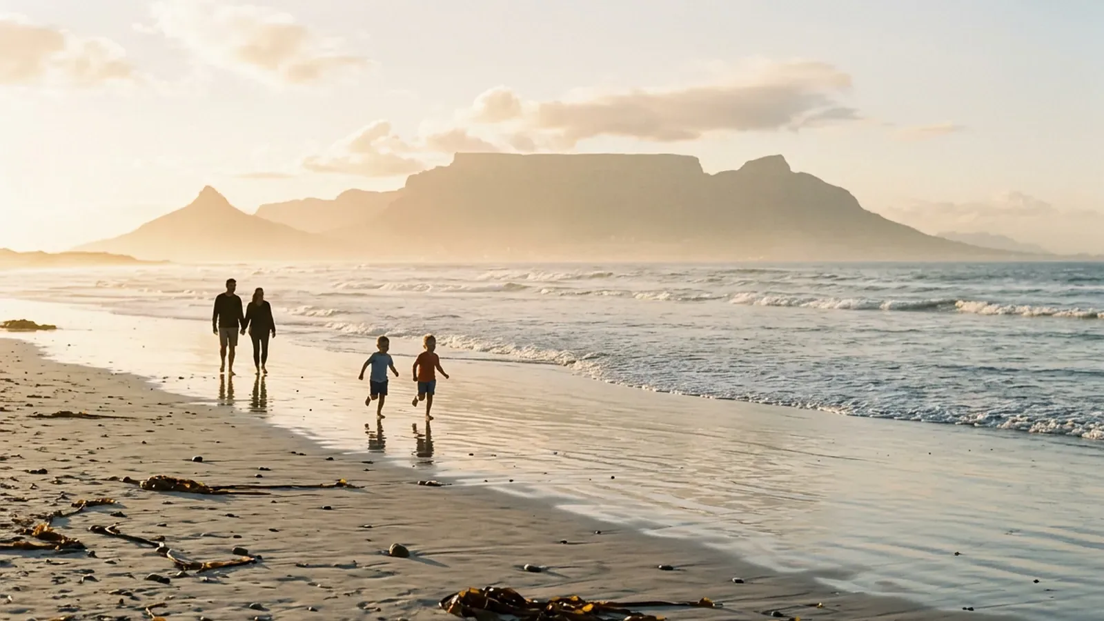 A family walking along a Cape Town beach at sunset, two children running ahead, Table Mountain and Lion's Head on the horizon.