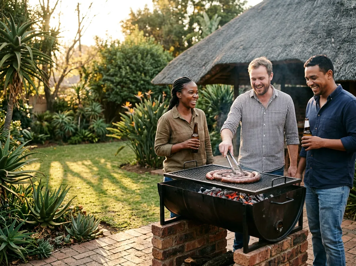 Friends standing around a half-drum braai with a coil of boerewors on the grid, under a thatched lapa roof in a South African garden.