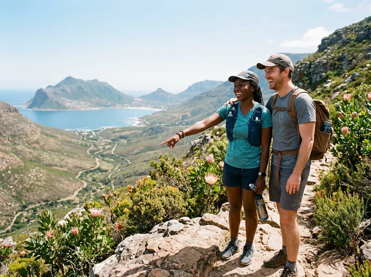 Two friends with daypacks on a rocky Cape mountain trail, protea bushes beside the path, a wide valley and coastline below.
