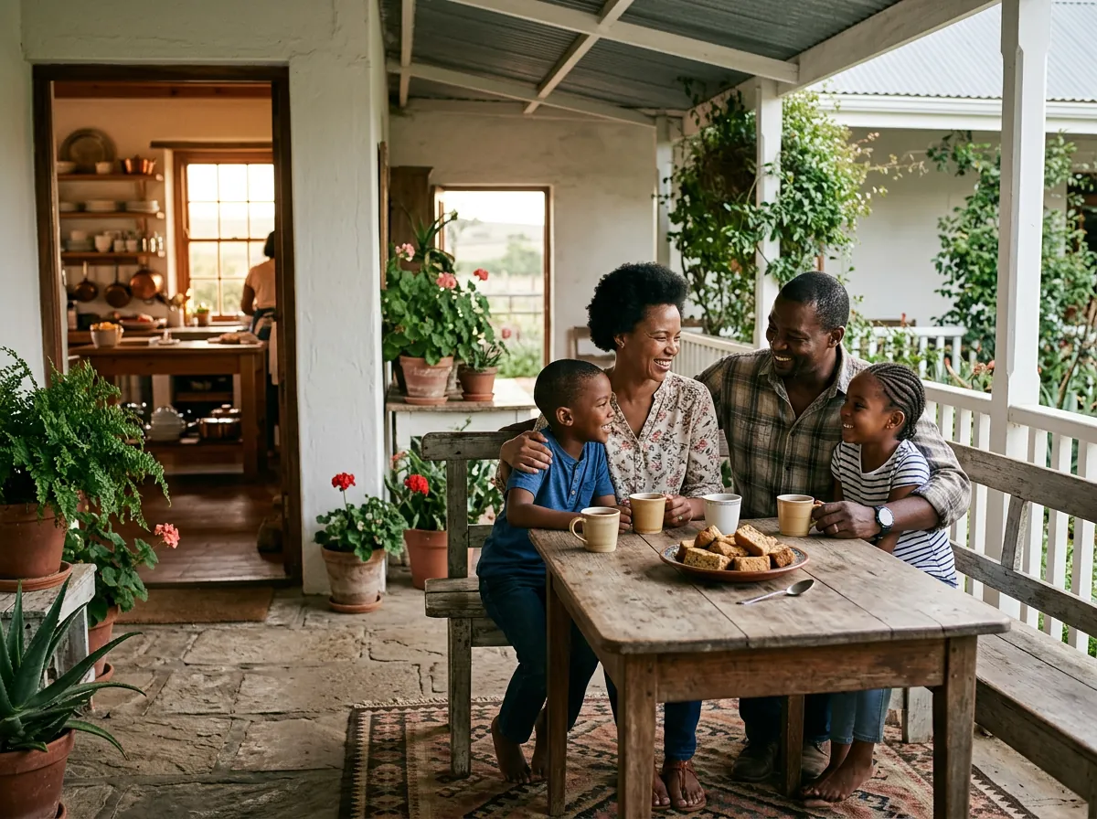 A family sitting together on a South African stoep with a corrugated iron roof, a plate of rusks and mugs on a wooden table, aloes in pots.